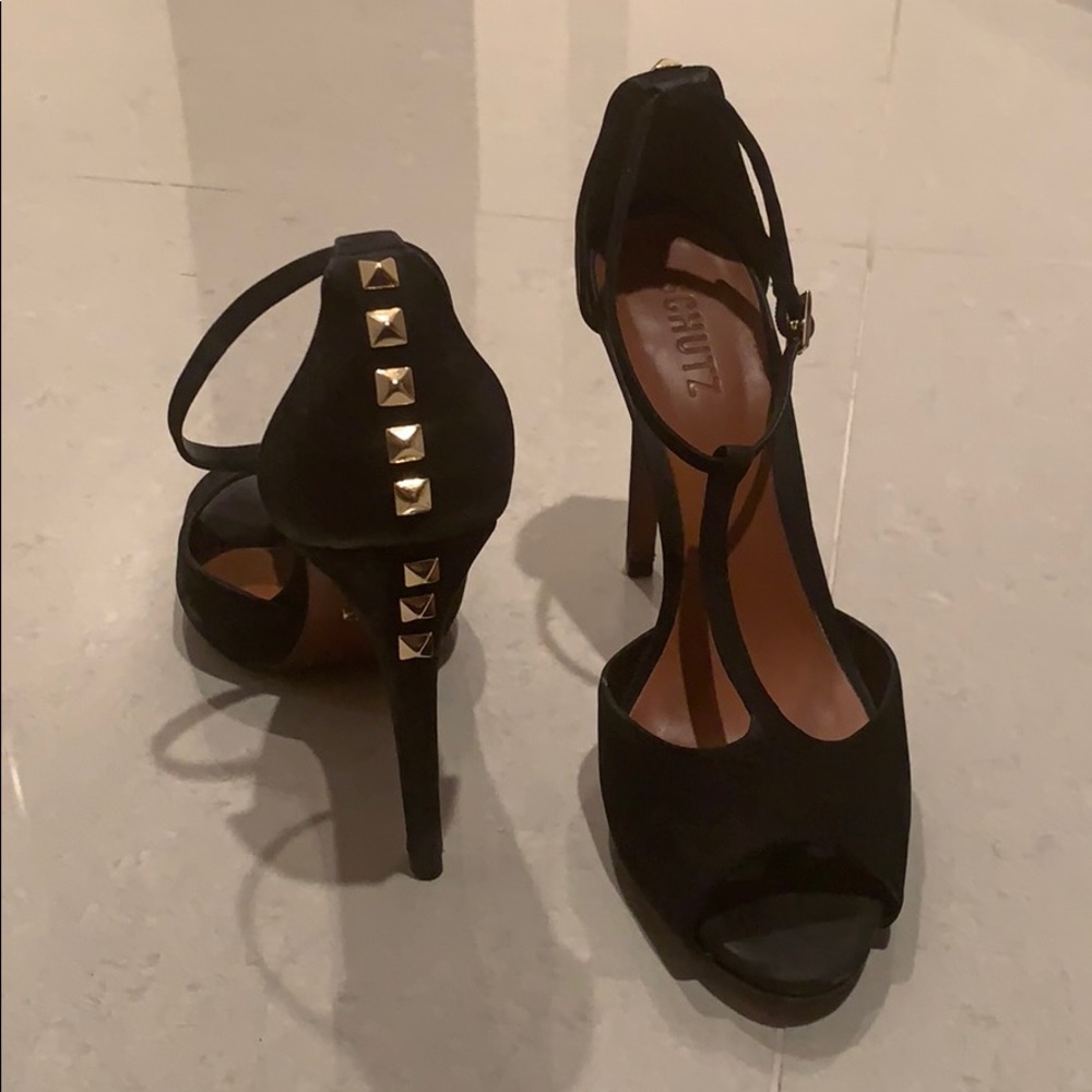 Black gold studded strap Schultz heels